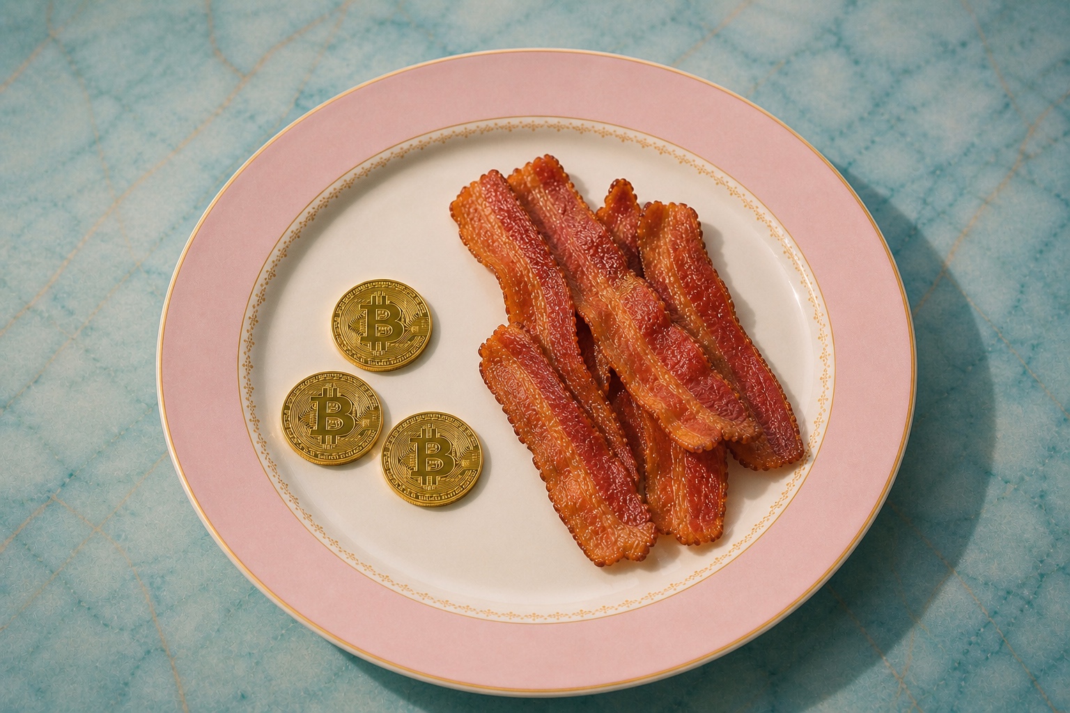 A pink-rimmed plate on mint marble holding a pile of crispy bacon and three gold Bitcoin coins.